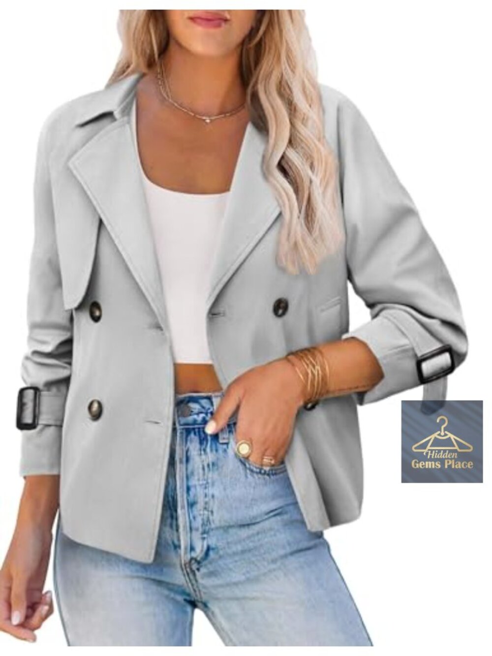Women's Cropped Trench Coat Double Breasted Short Jacket with Pockets